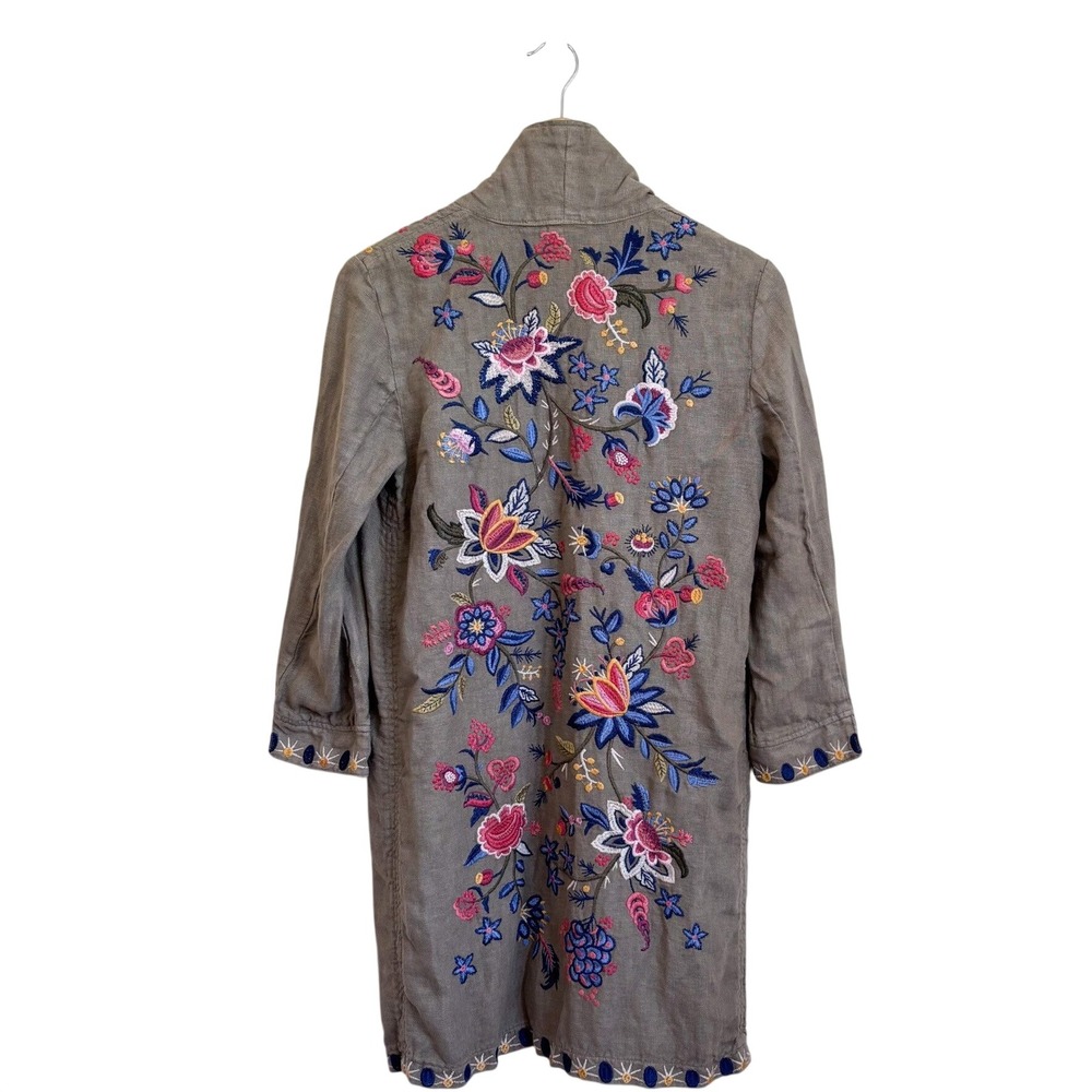 Johnny Was Womens Tiwa Embroidered Heavy Linen Long Duster Jacket XS Tan Floral